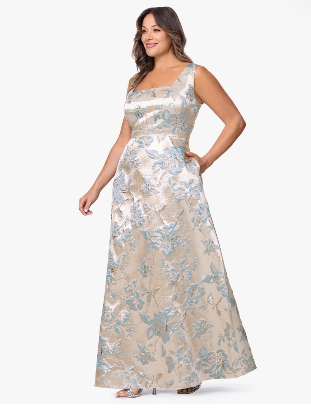 Xscape Ivory Maxi Dress with Light Blue Floral Brocade
